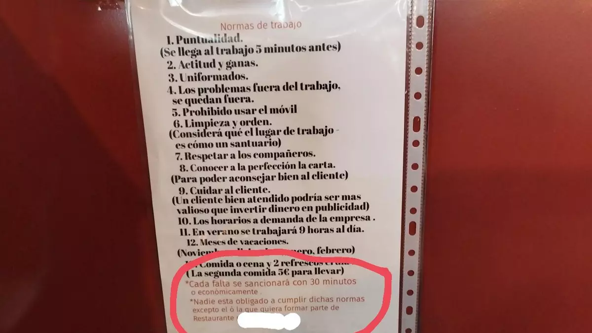 Cartel con las normas de trabajo y sanciones que impone este restaurante