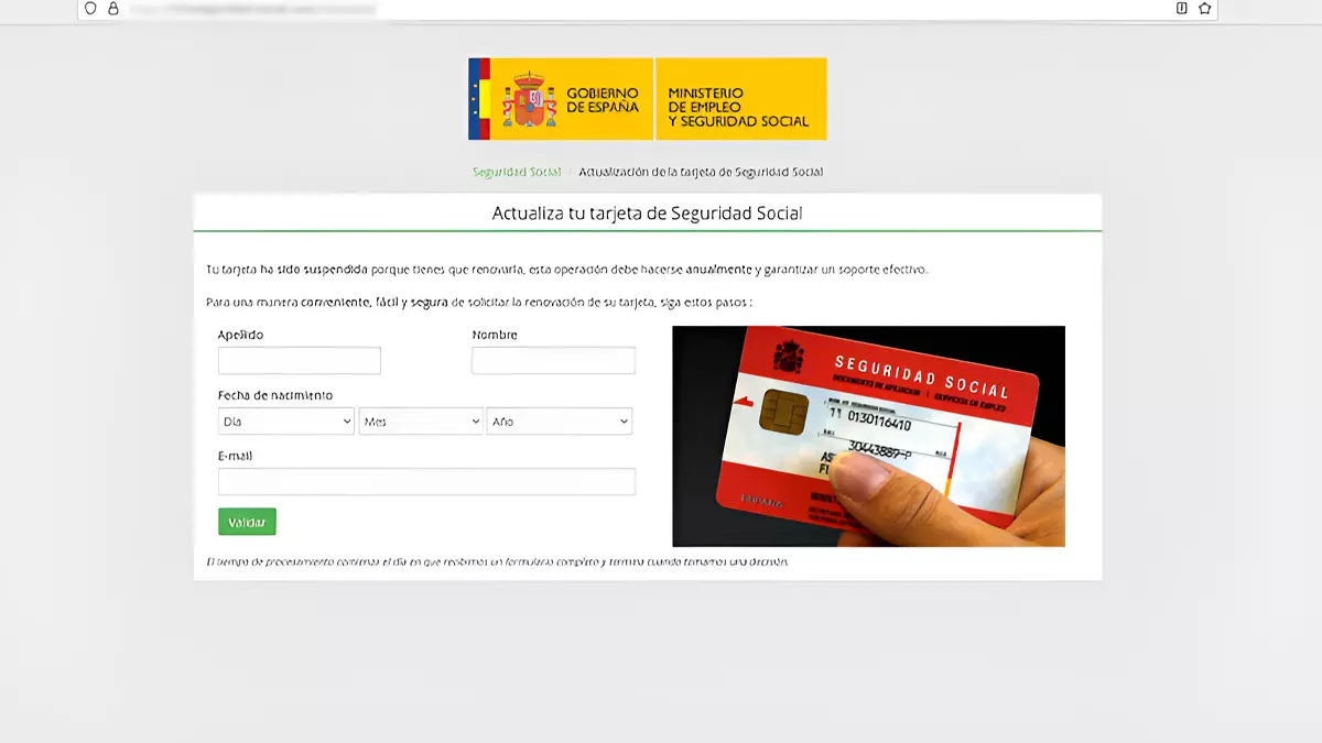 Web falsa para actualizar la tarjeta sanitaria de la seguridad social