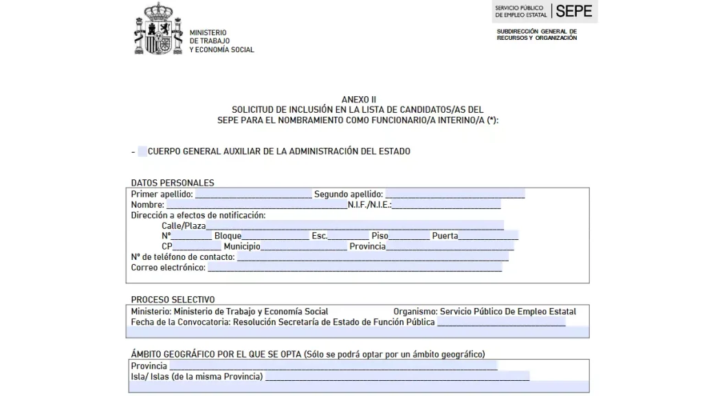 Inscripción bolsa de empleo sepe interinos auxiliar de la administración del estado