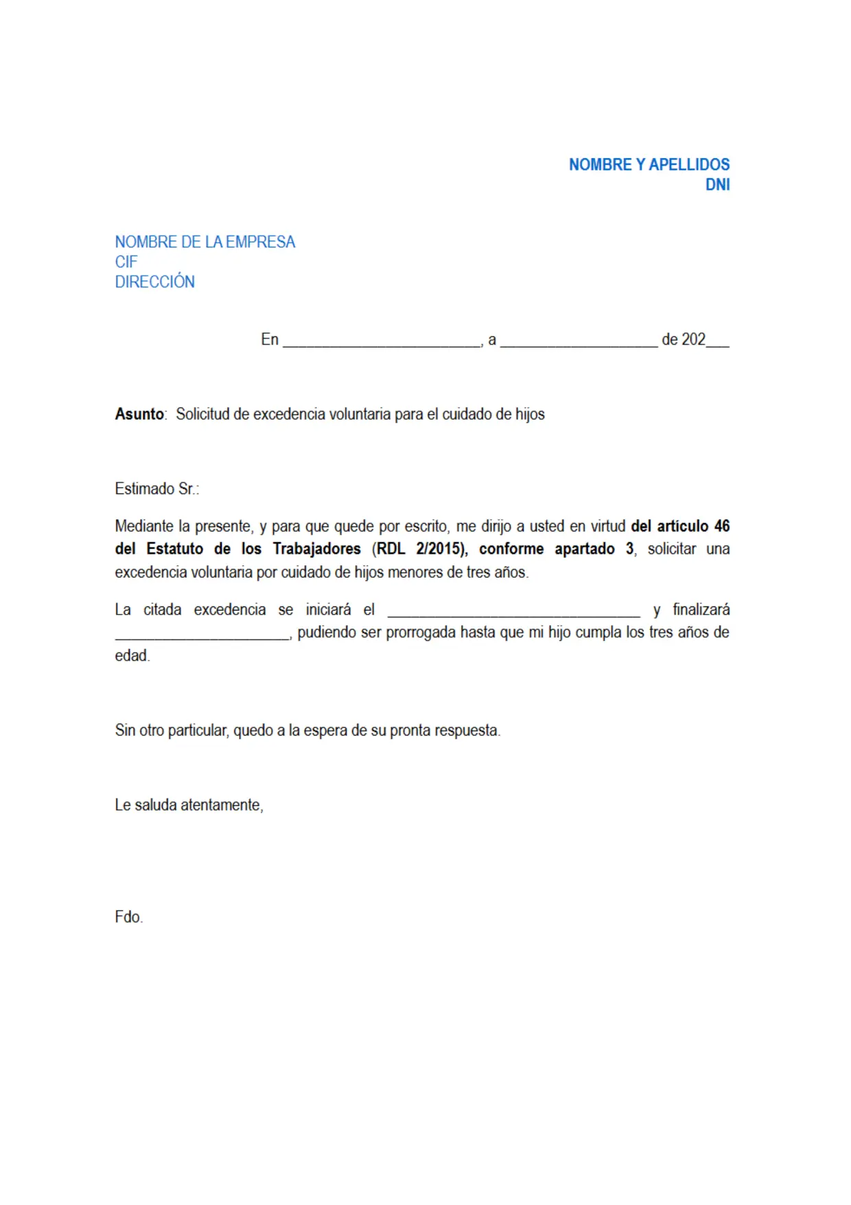 Modelo de solicitud excedencia voluntaria para el cuidado de hijos