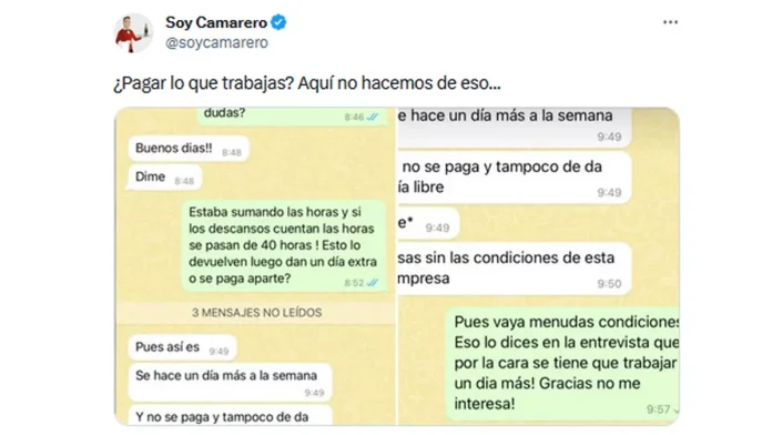 Captura publicada por @soycamarero en la que se confirma que no pagan las horas extraordinarias