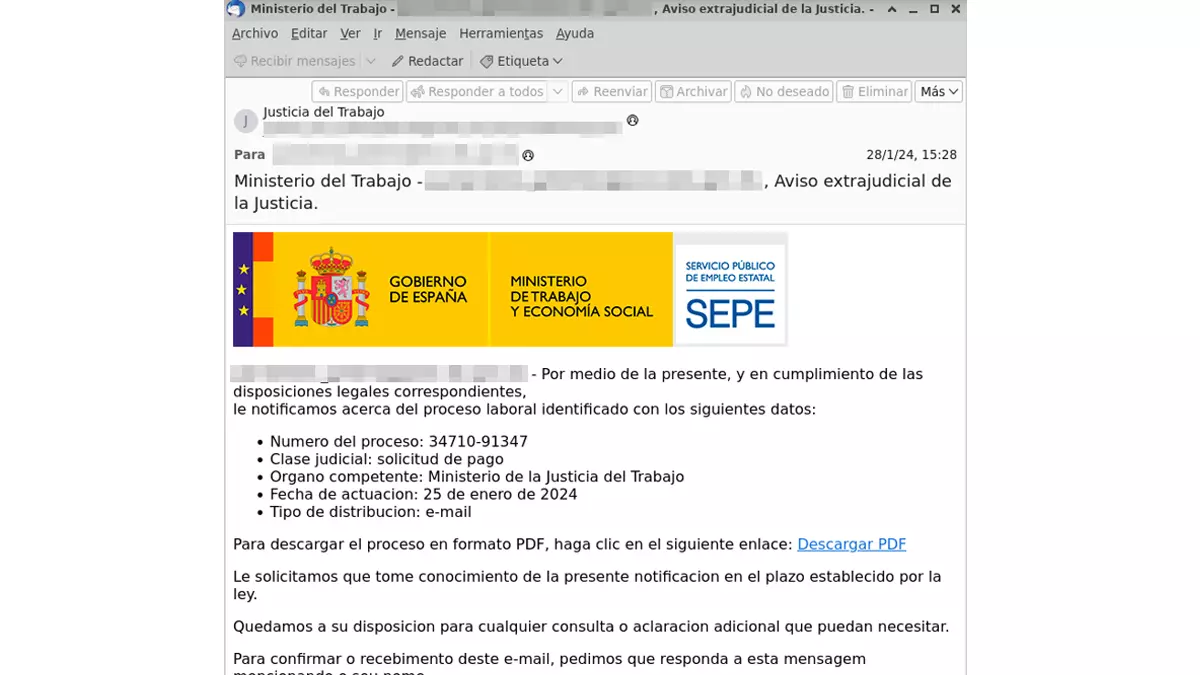 Correo falso del SEPE sobre un supuesto aviso extrajudicial