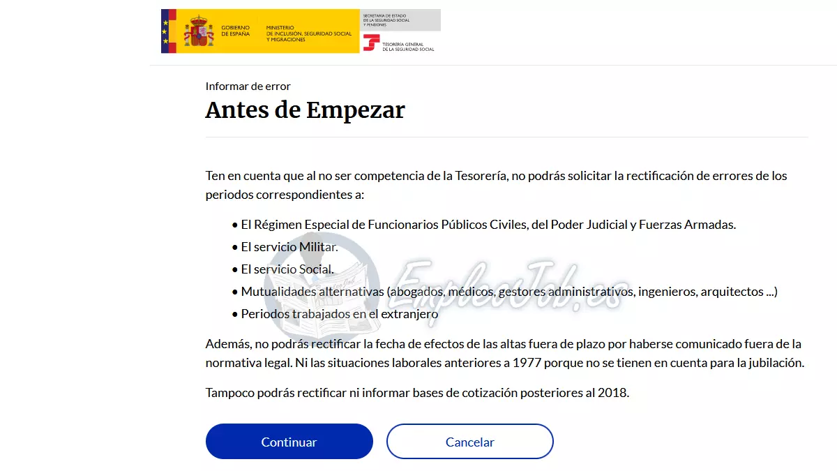 Advertencia sobre periodos que no se pueden corregir en la Seguridad Social