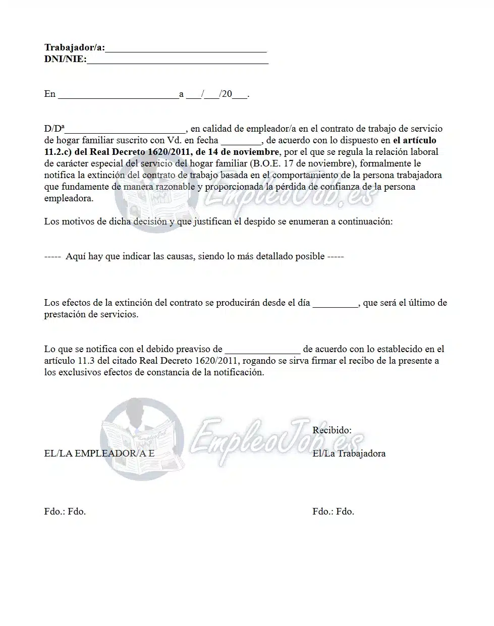 Carta de despido empleada del hogar por pérdida de la confianza