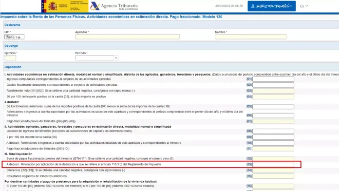 Casilla 13 del modelo 130 IRPF