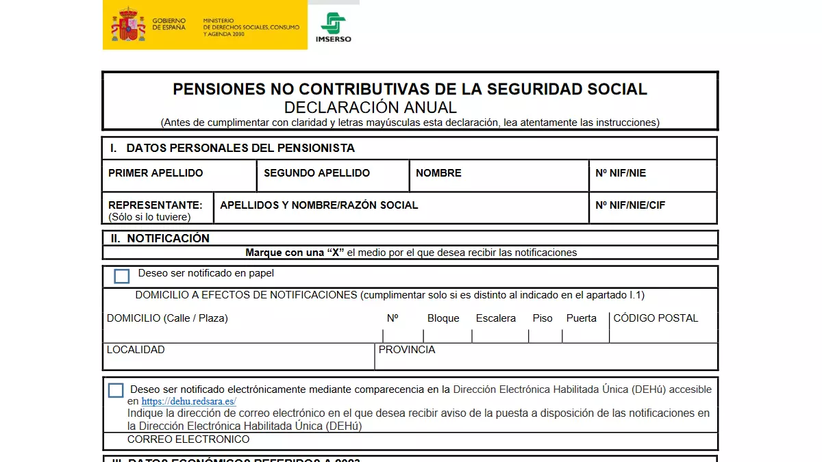 Modelo declaración anual de rentas de la pensión no contributiva de la Seguridad Social