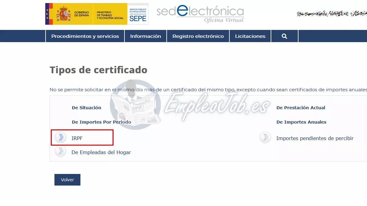 Descargar el certificado IRPF del paro desde la web del SEPE