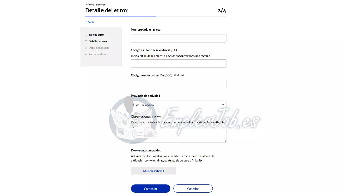 Formulario para informar de los detalles del error en la base de cotización