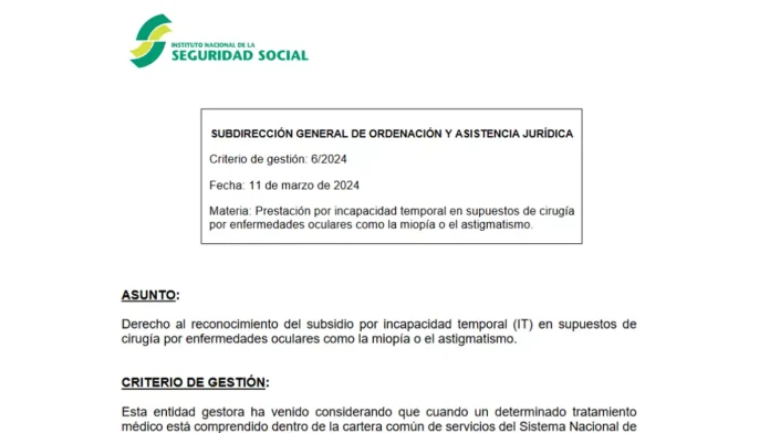 Nuevo criterio Seguridad Social sobre subsidio Incapacidad Temporal por operación de miopía