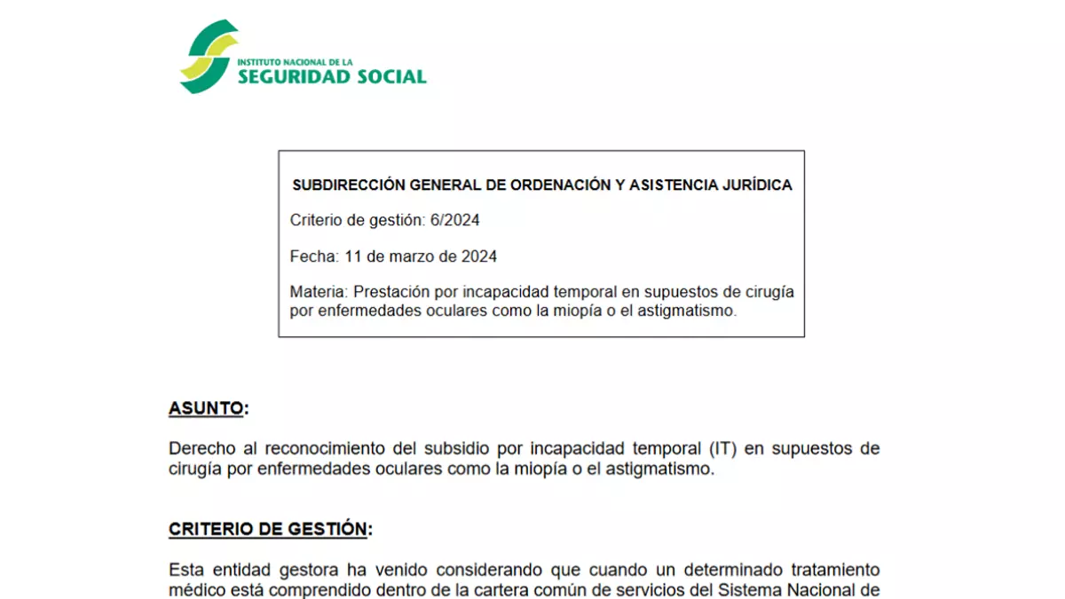 Nuevo criterio Seguridad Social sobre subsidio Incapacidad Temporal por operación de miopía