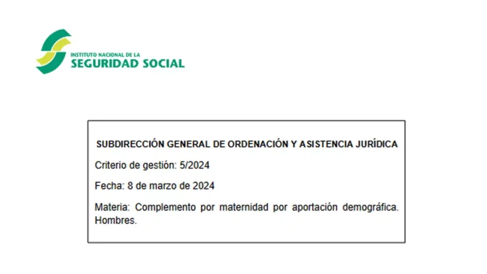 Publicación del INSS sobre el complemento por maternidad por aportación demográfica para hombres