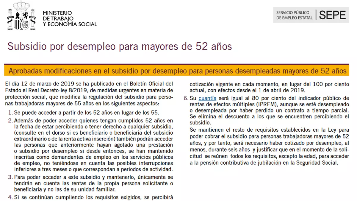 Cambio en el subsidio por desempleo para mayores de 52 años
