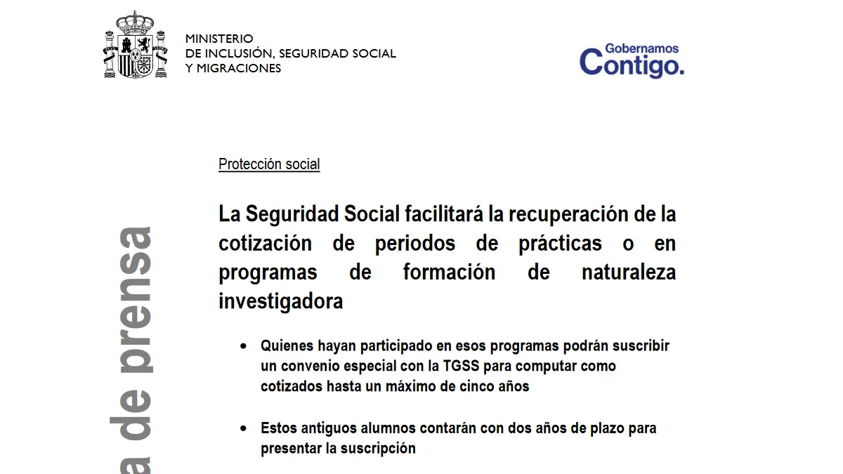 La Seguridad Social facilita la recuperación de la cotización de periodos de prácticas