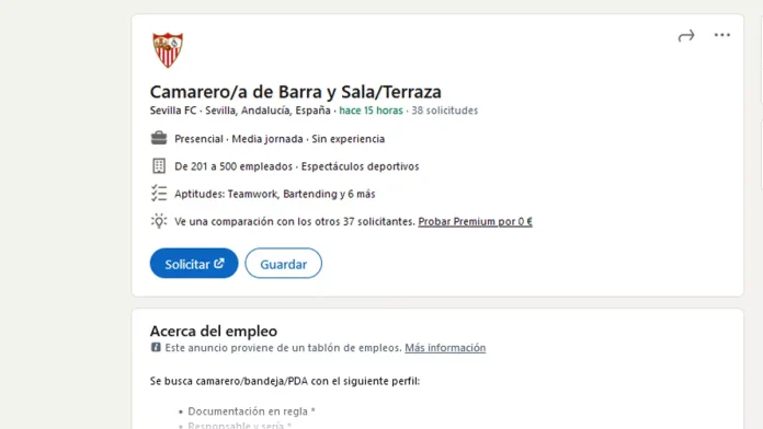 Oferta de empleo para trabajar en el Sevilla como camarero