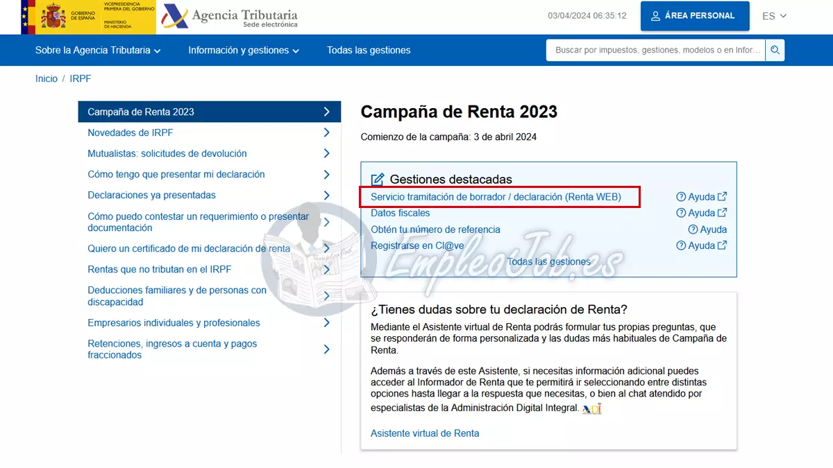 Acceso al borrador de la renta 2023 para presentarlo online | EmpleoJob Acceso al borrador de la renta 2023 para presentarlo online