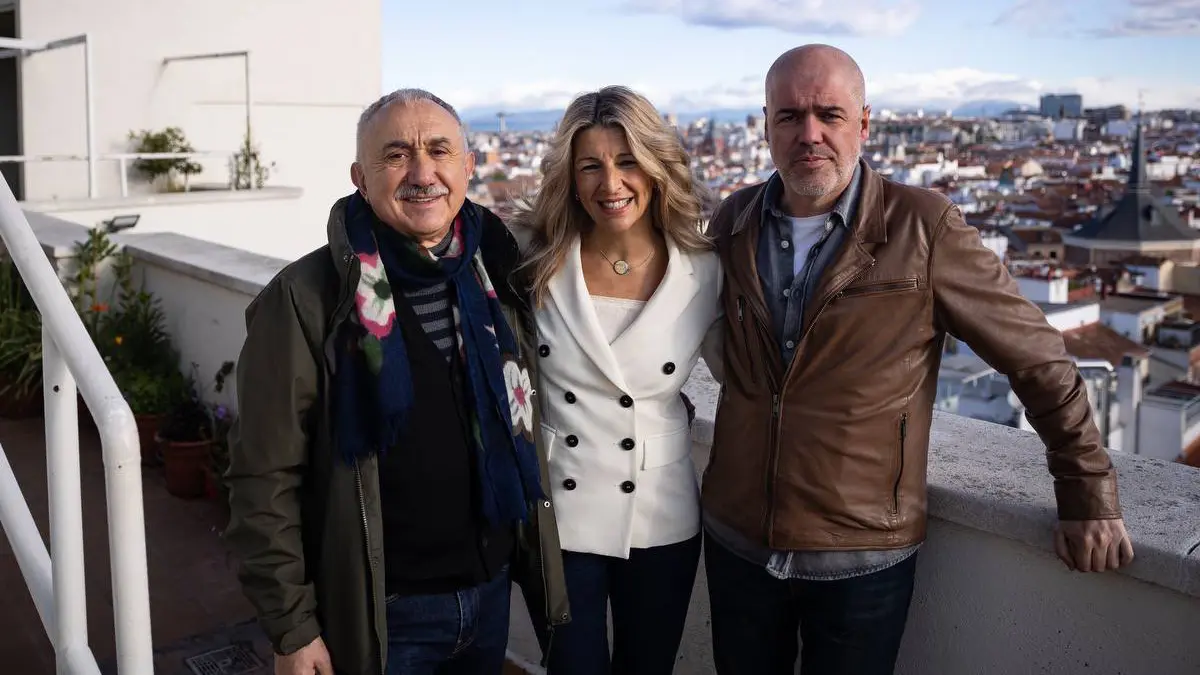 Ministra de Trabajo Yolanda Díaz y los sindicalistas Unai Sordo y Pepe Álvarez.