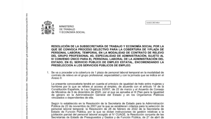 Convocatoria del SEPE para cubrir 11 vacantes de Administración con contrato de relevo.