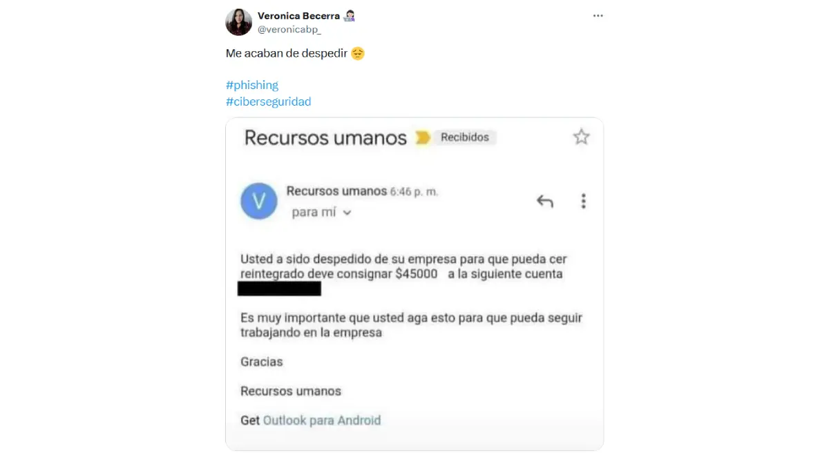 Falso correo de Recursos Humanos exigiendo dinero para no ser despedida