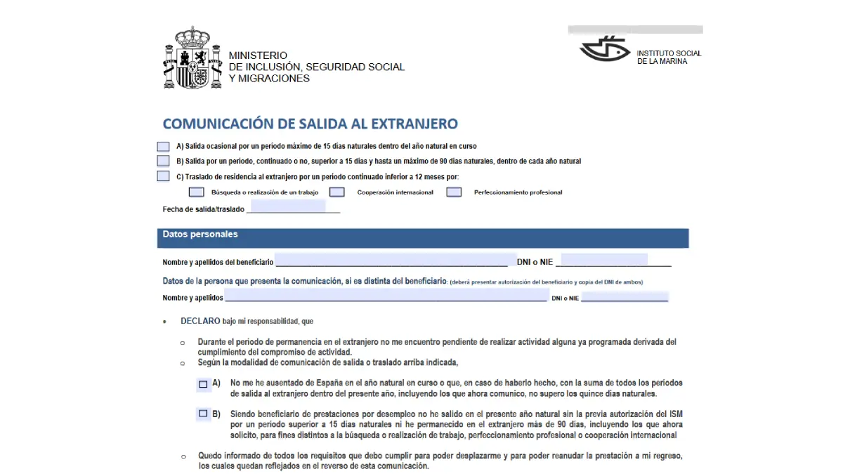 Formulario para comunicar a la Seguridad Social la salida al extranjero cuando se cobran prestaciones