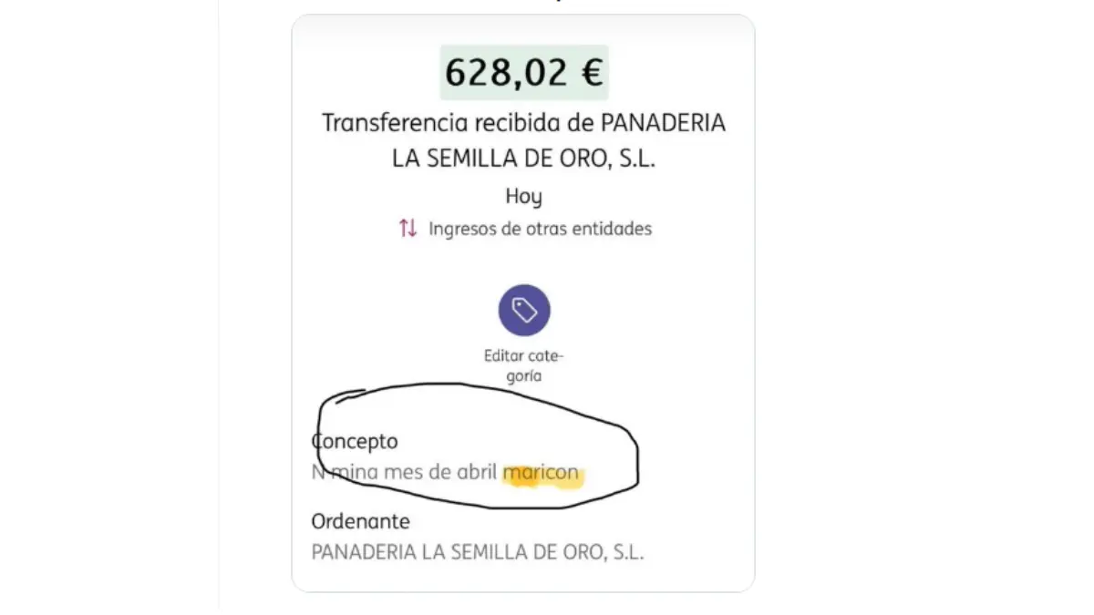 Captura compartida en redes sociales de la transferencia en la que se indica en el concepto “Nómina mes de abril maricón”
