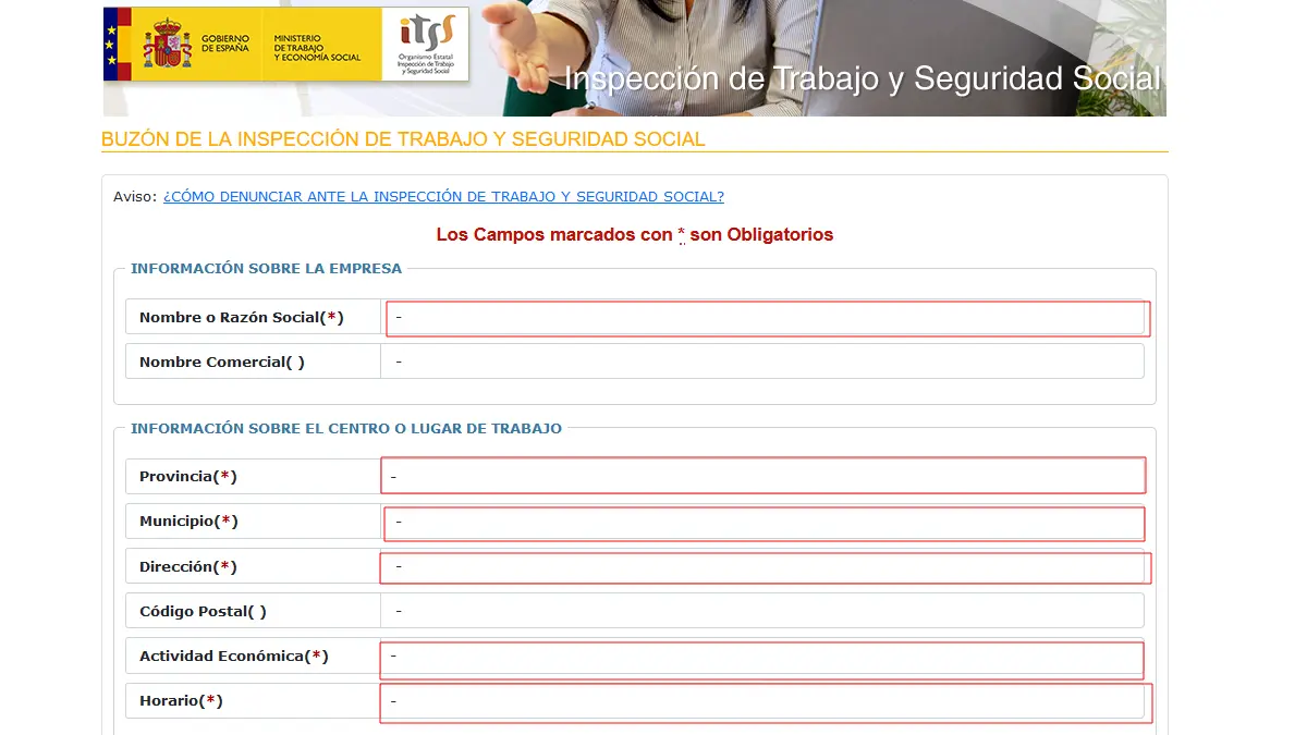 Datos de la empresa para denunciar ante la Inspección de Trabajo de forma anónima