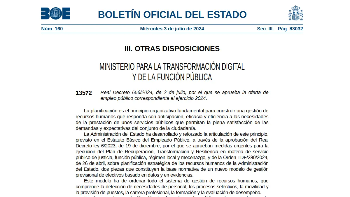 Real Decreto 656/2024, de 2 de julio, por el que se aprueba la oferta de empleo público correspondiente al ejercicio 2024