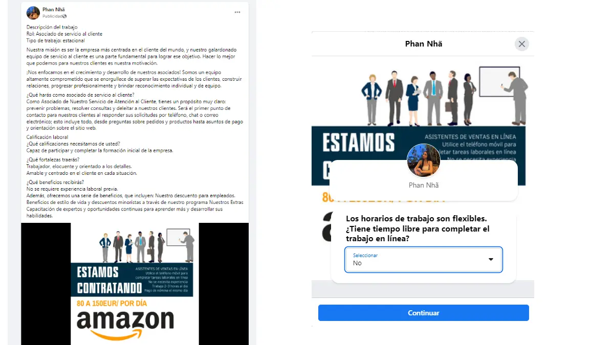 Oferta para trabajar en Amazon falsa vista en Facebook