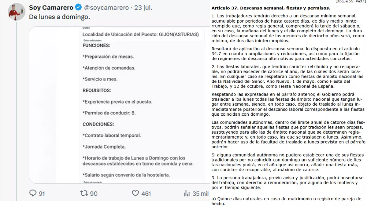 Polémica por una oferta de trabajo para camarero en Gijón para trabajar de lunes a domingo