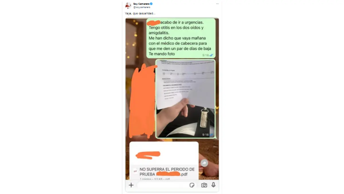 Conversación de WhatsApp publicada por Soy Camarero que muestra como es despedido por no superar el periodo de pruebas tras comunicar que ha ido a urgencias y estará de baja un par de días