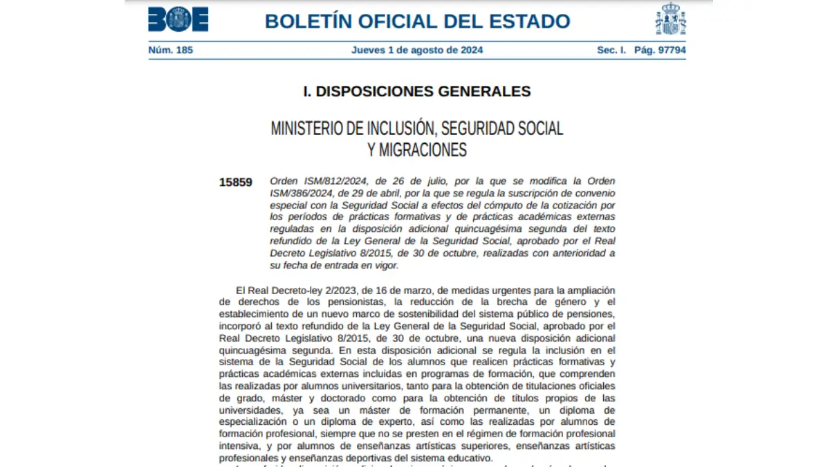 Boletín Oficial del Estado (BOE) recoge la nueva orden que modifica el convenio especial para recuperar cotizaciones durante las prácticas