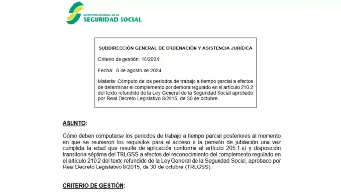 La Seguridad Social confirma que el trabajo a tiempo parcial computa también como tiempo completo para el complemento por demora de la jubilación