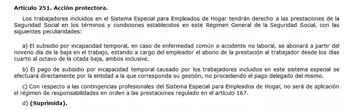 Artículo 251 de la ley general de la seguridad social sobre la acción protectora de las empleadas del hogar | EmpleoJob Artículo 251 de la ley general de la seguridad social sobre la acción protectora de las empleadas del hogar
