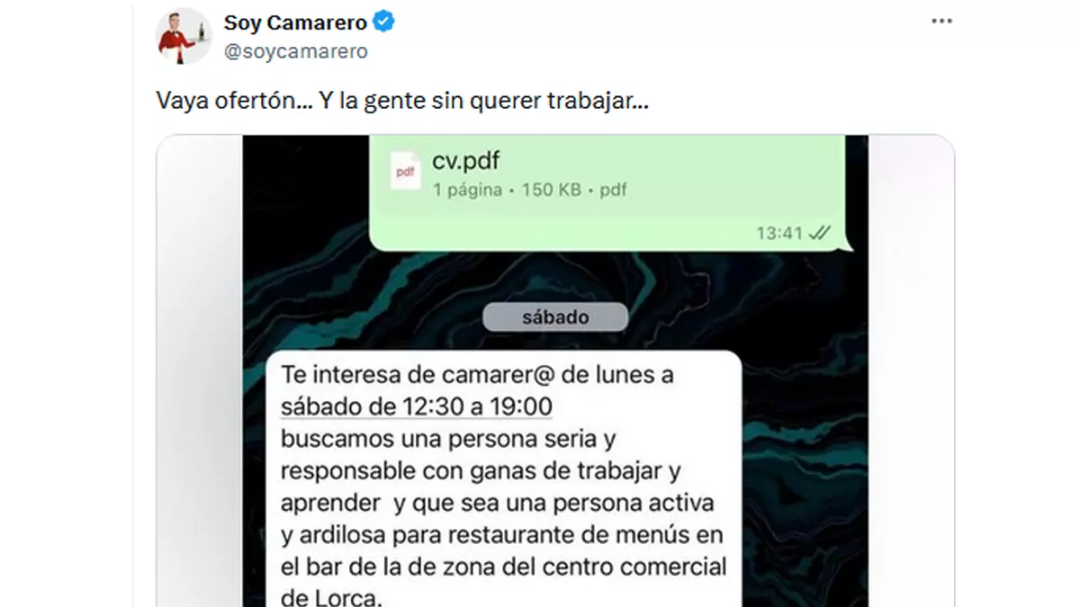 Polémica oferta de empleo para camarero a 39 horas a la semana y 600 euros de sueldo