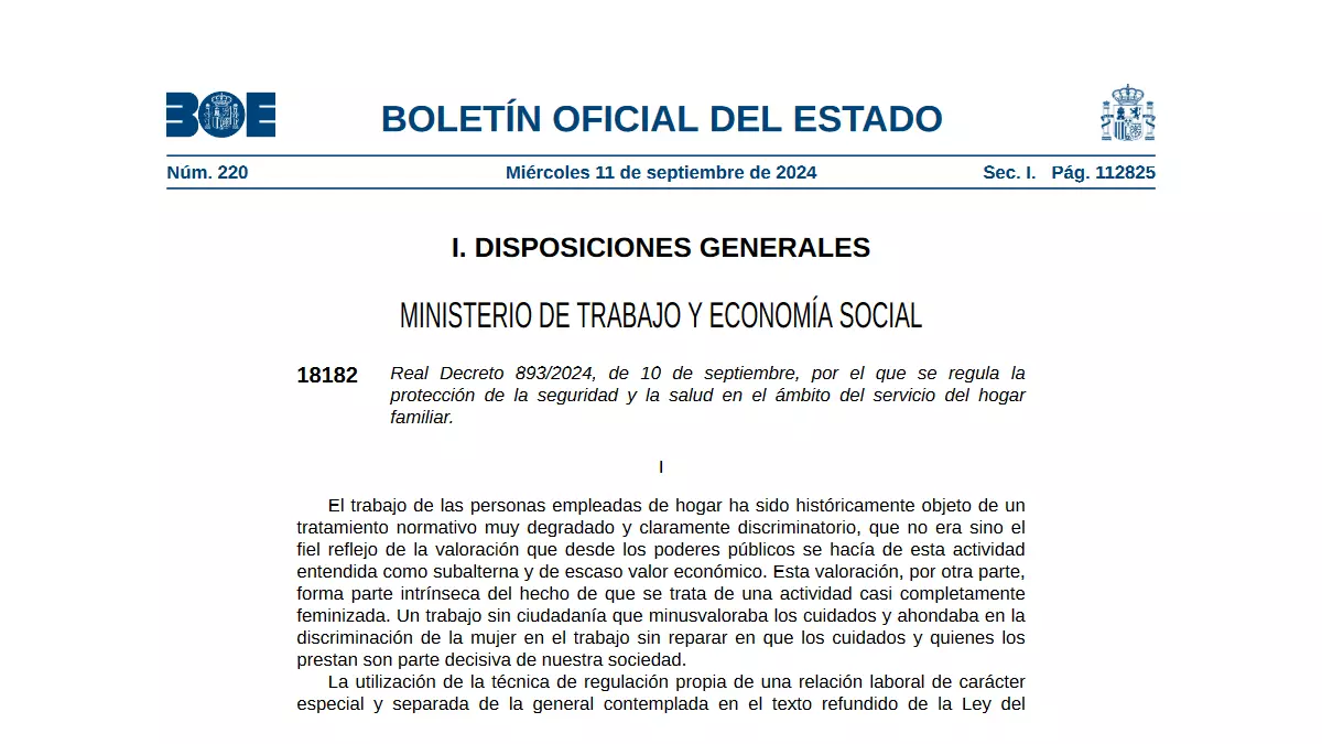 Publicado en el BOE el Real Decreto 893/2024 para la protección de la Seguridad y Salud de las empleadas del hogar