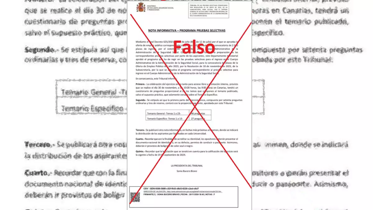 Nota falsa sobre oposiciones a la administración de la Seguridad Social