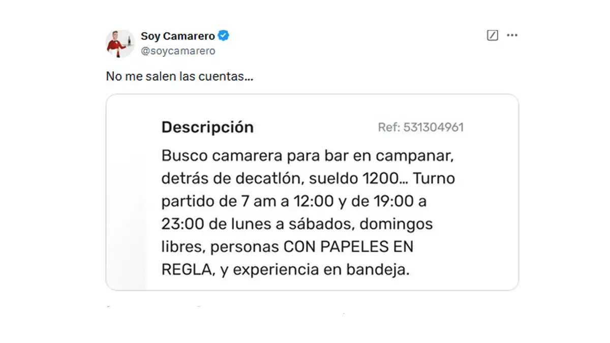 La oferta de empleo en hostelería que obligan a trabajar 54 horas a la semana y a turno partido