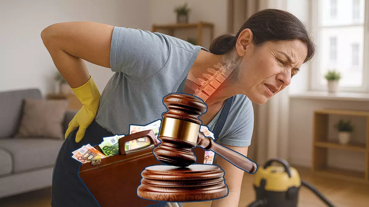 Imagen de una empleada del hogar con cervicalgia genera por IA junto con un mazo y un maletin con dinero