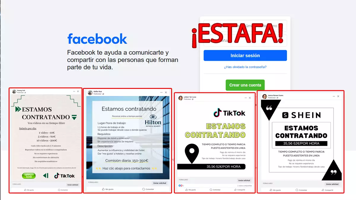 Estafa ofertas de empleo en Facebook en Shein, Mercadona, TikTok y Hoteles HIlton