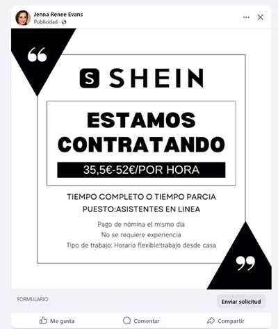 Oferta de empleo falsa en Shein vista en Facebook | EmpleoJob Oferta de empleo falsa en Shein vista en Facebook