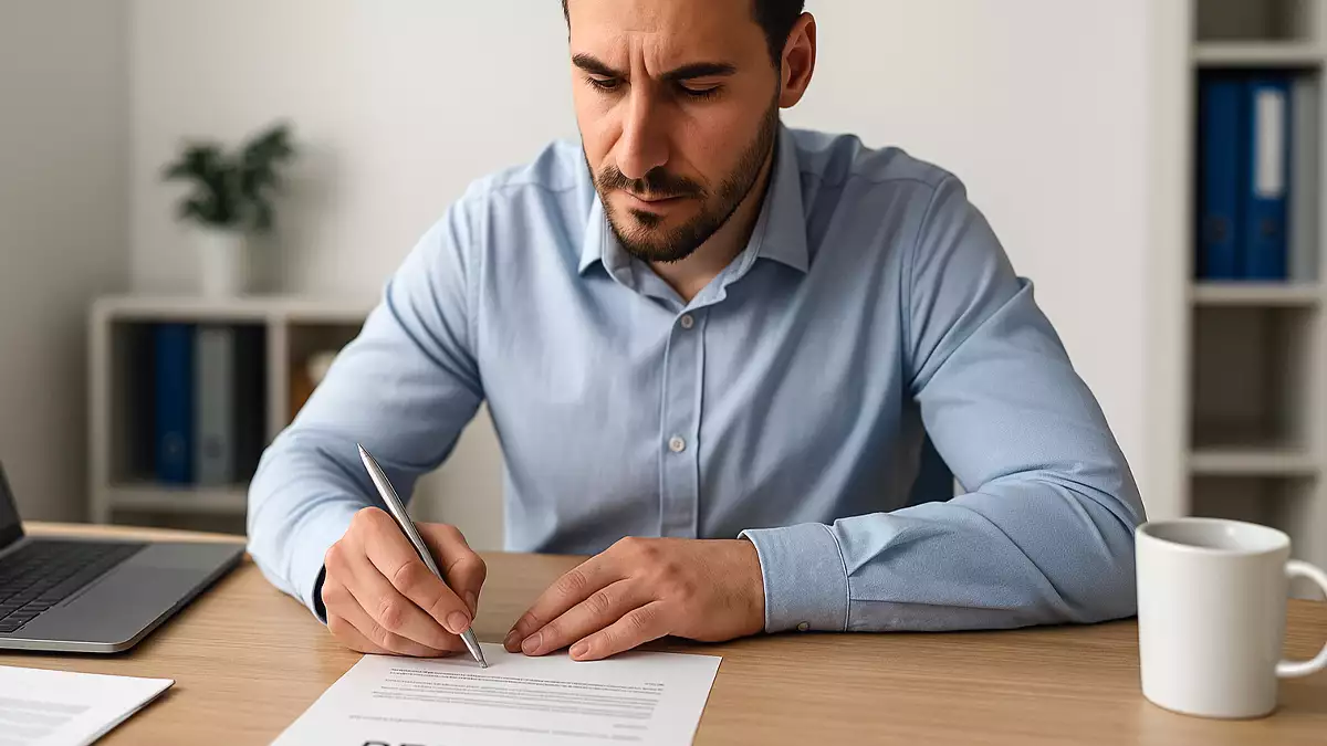 Imagen generada con IA de un trabajador firmando la carta de despido