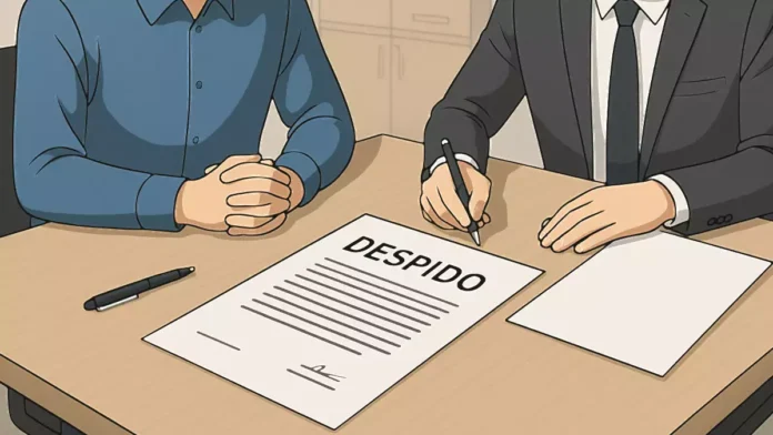 Dos personas revisando y firmando un acuerdo laboral sobre una mesa de oficina.