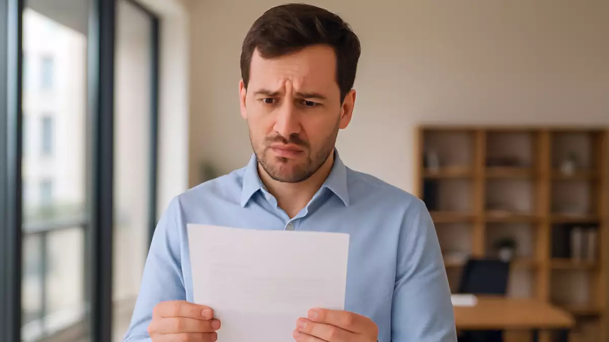 Hombre con expresión de duda leyendo una carta relacionada con el paro durante una excedencia.