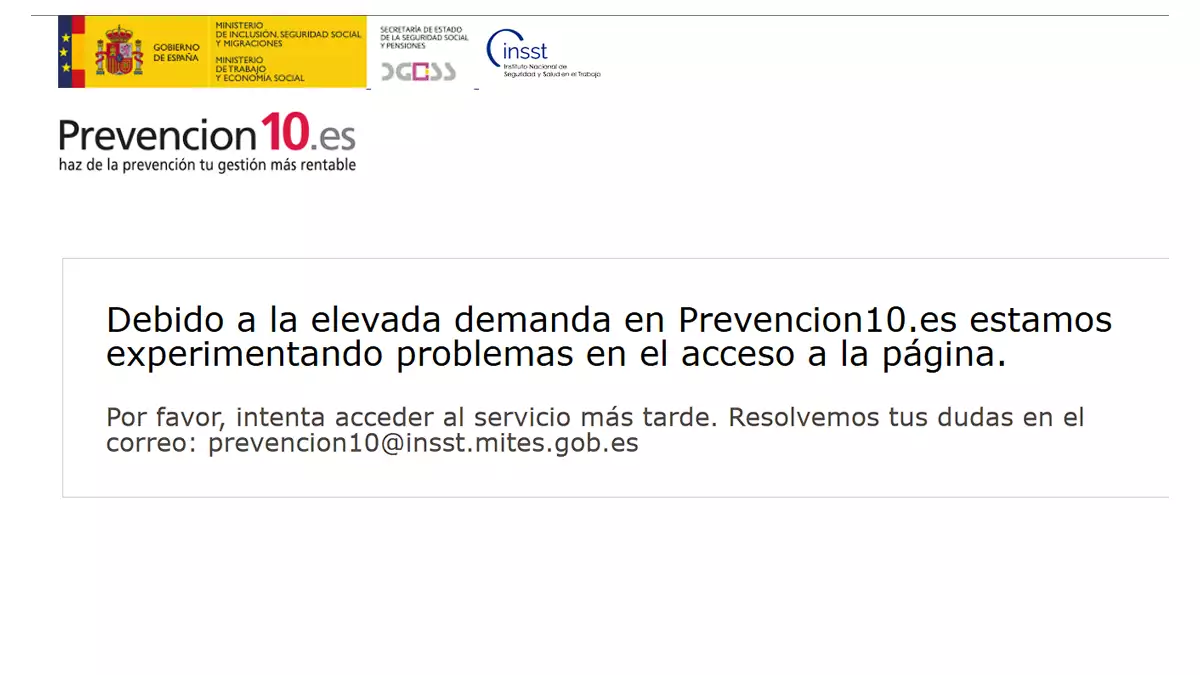 La plataforma prevencion10 sigue caída por la alta demanda