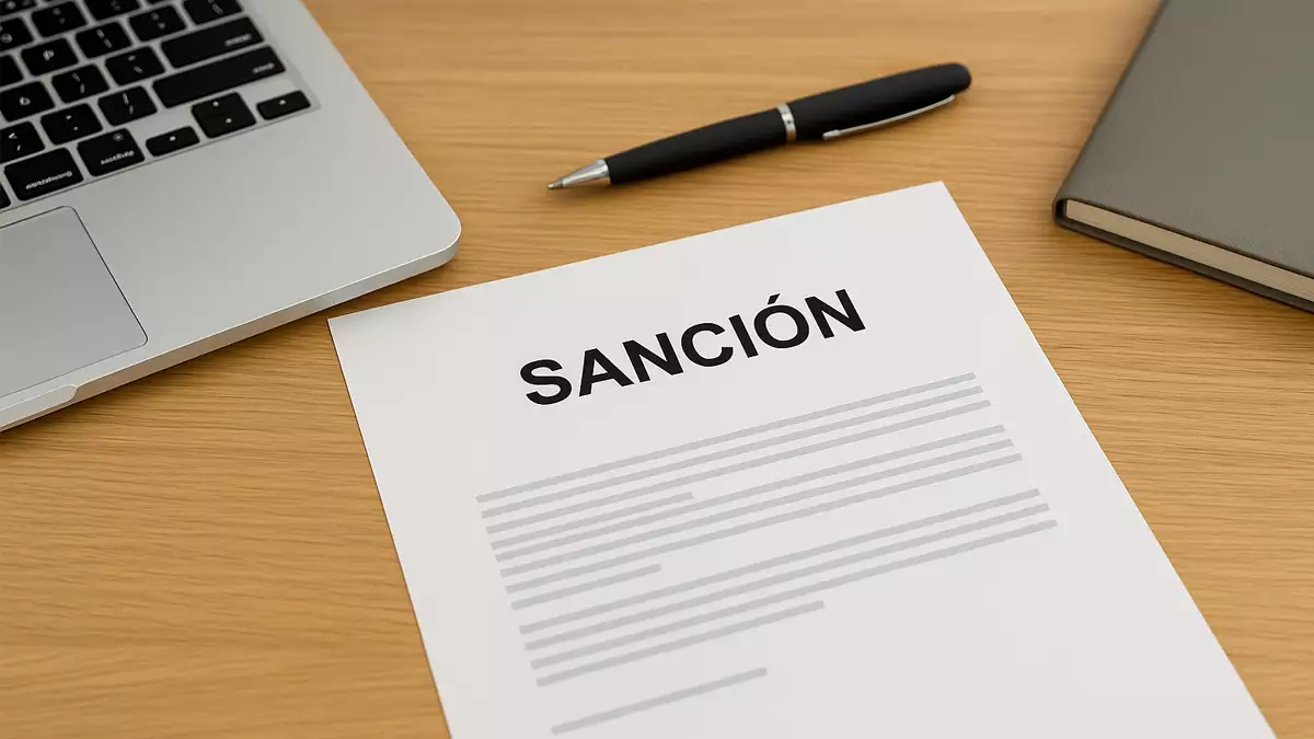 Documento de sanción laboral sobre una mesa junto a un portátil y un bolígrafo