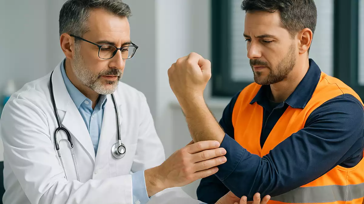 Doctor revisando el brazo lesionado de un trabajador en una mutua laboral