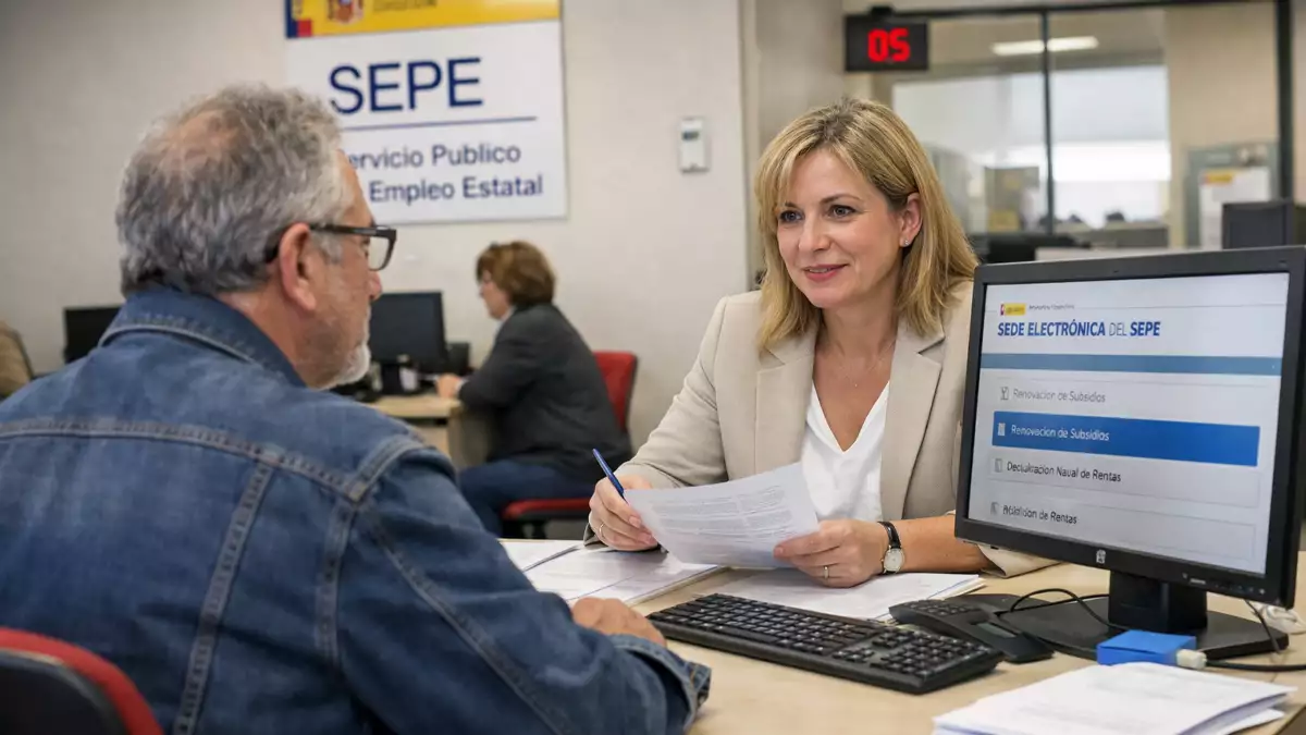 Persona mayor de 52 años realizando un trámite de renovación del subsidio en una oficina del SEPE