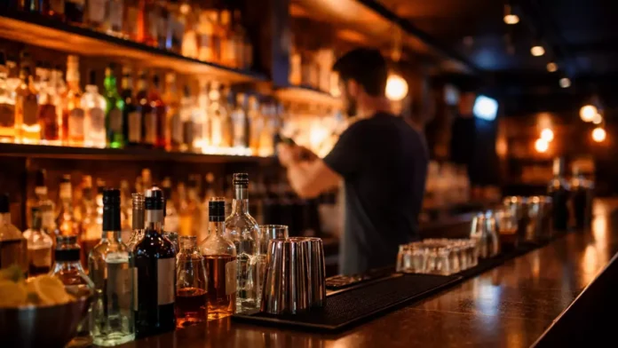 Trabajador detrás de la barra de un bar de copas durante la noche, imagen relacionada con un despido laboral