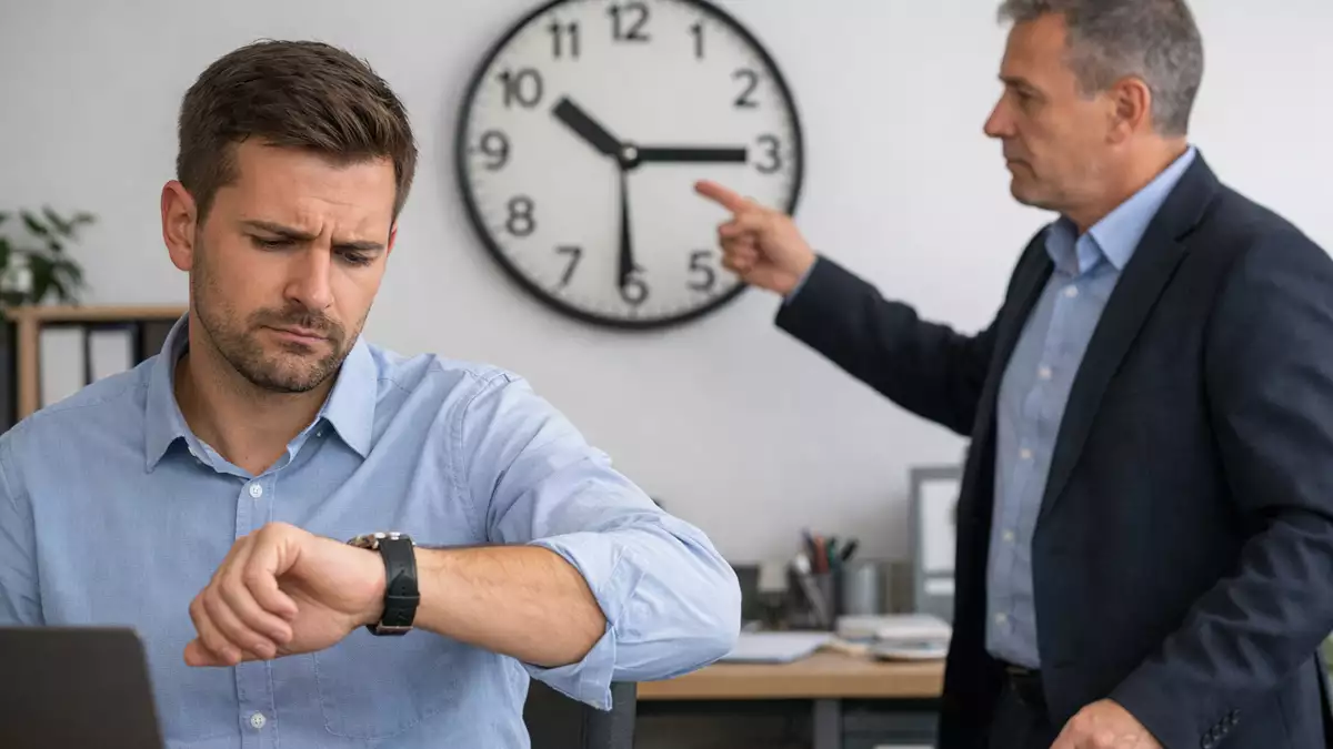Trabajador preocupado mirando el reloj mientras su jefe le señala la hora en la oficina