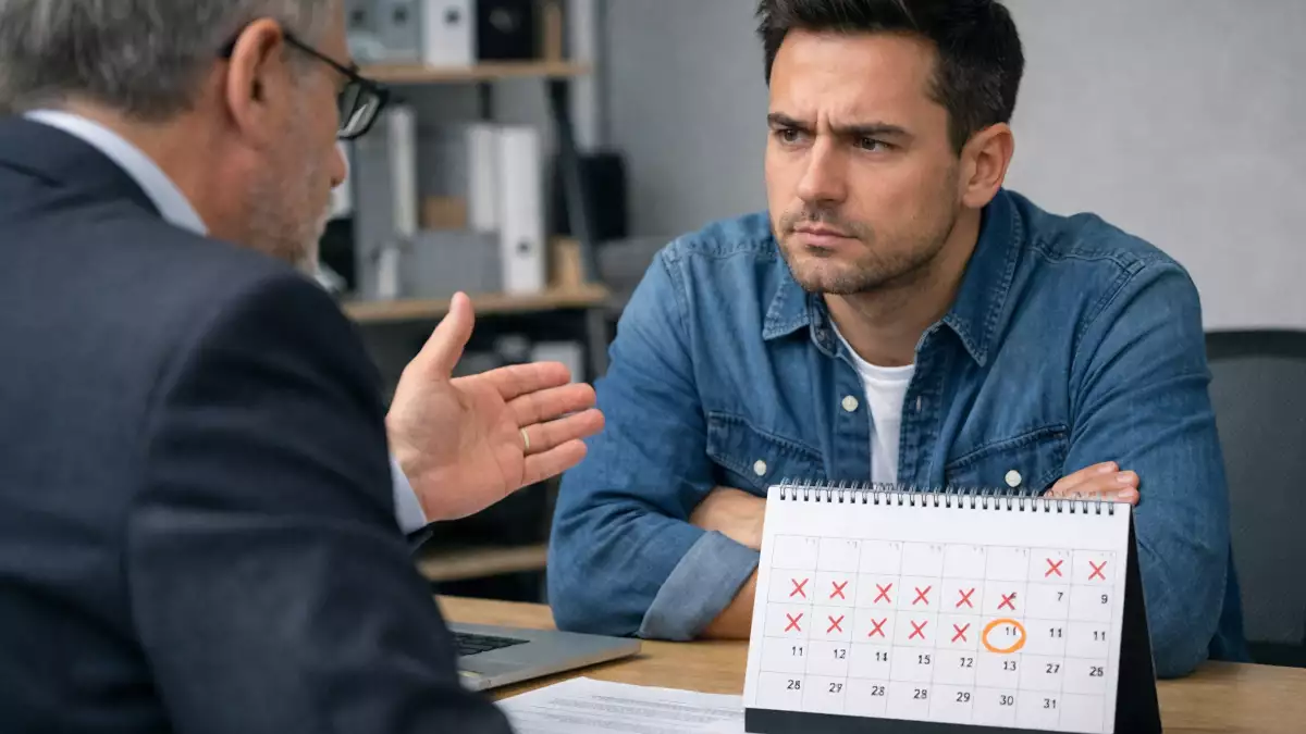 Trabajador hablando con su jefe sobre las fechas de vacaciones frente a un calendario laboral