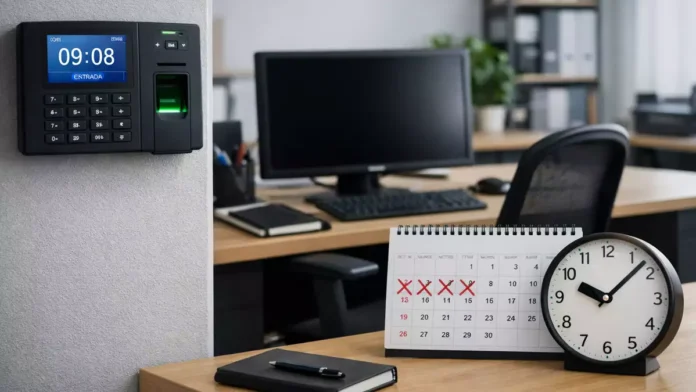 Control horario y puesto de trabajo vacío para ilustrar el cómputo de faltas injustificadas en un despido disciplinario